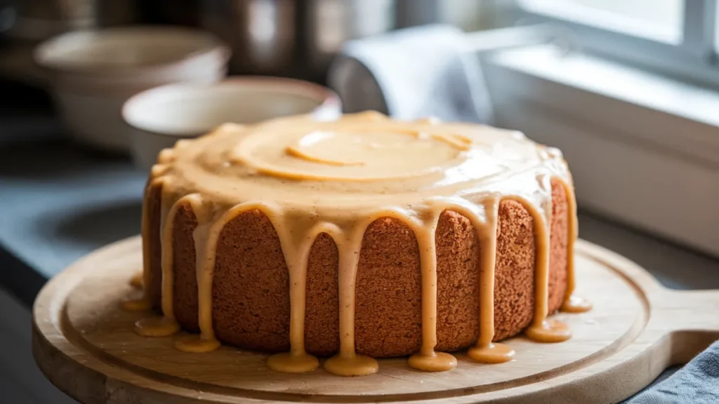 Slice of applesauce cake topped with a scoop of vanilla ice cream melting over the edge on a rustic plate.