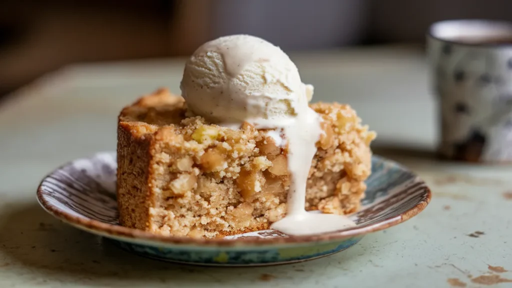 Freshly baked applesauce cake on a wooden board, topped with a thick glaze dripping down the sides.