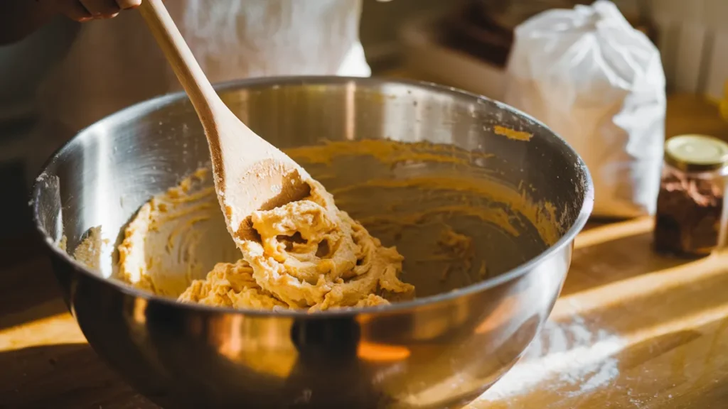 A hand stirring thick cake batter in a metal bowl with a wooden spoon on a sunlit kitchen counter.