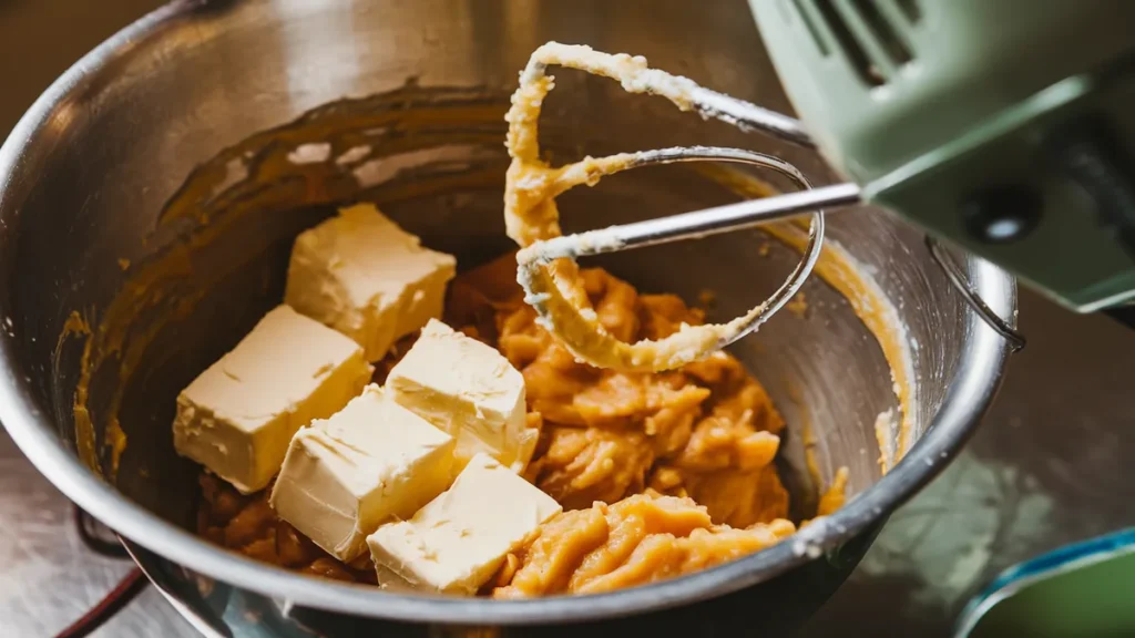 Chunks of butter and a scoop of applesauce in a mixing bowl with a handheld mixer resting nearby.